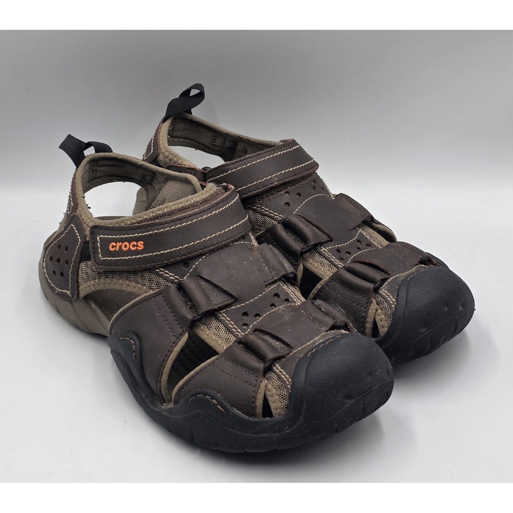 Crocs Swiftwater Mens Size 8 Brown Leather Outdoor Fisherman Sandals 204562